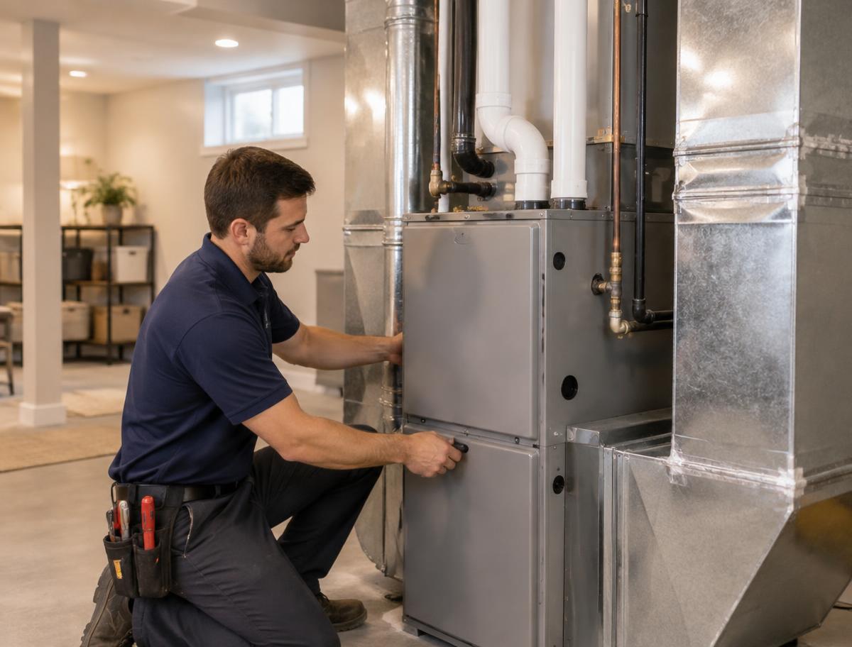 Technician servicing a furnace in a residential basement
