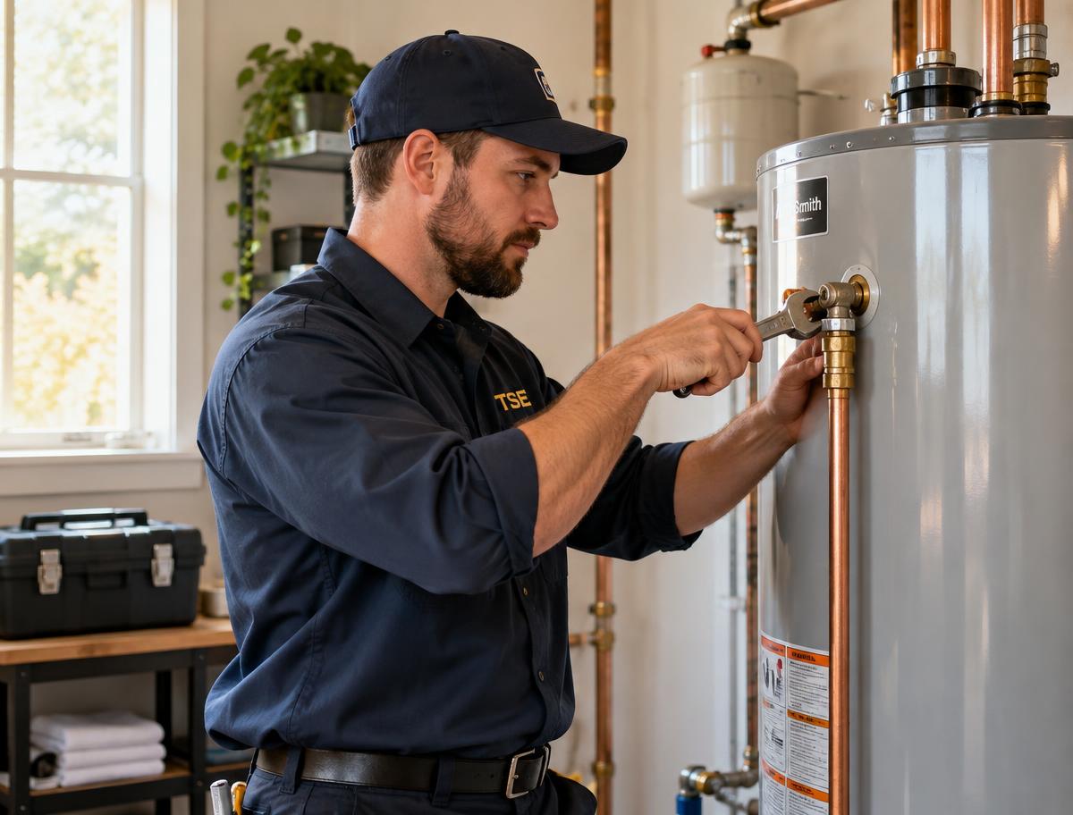Technician servicing the piping on a tank water heater
