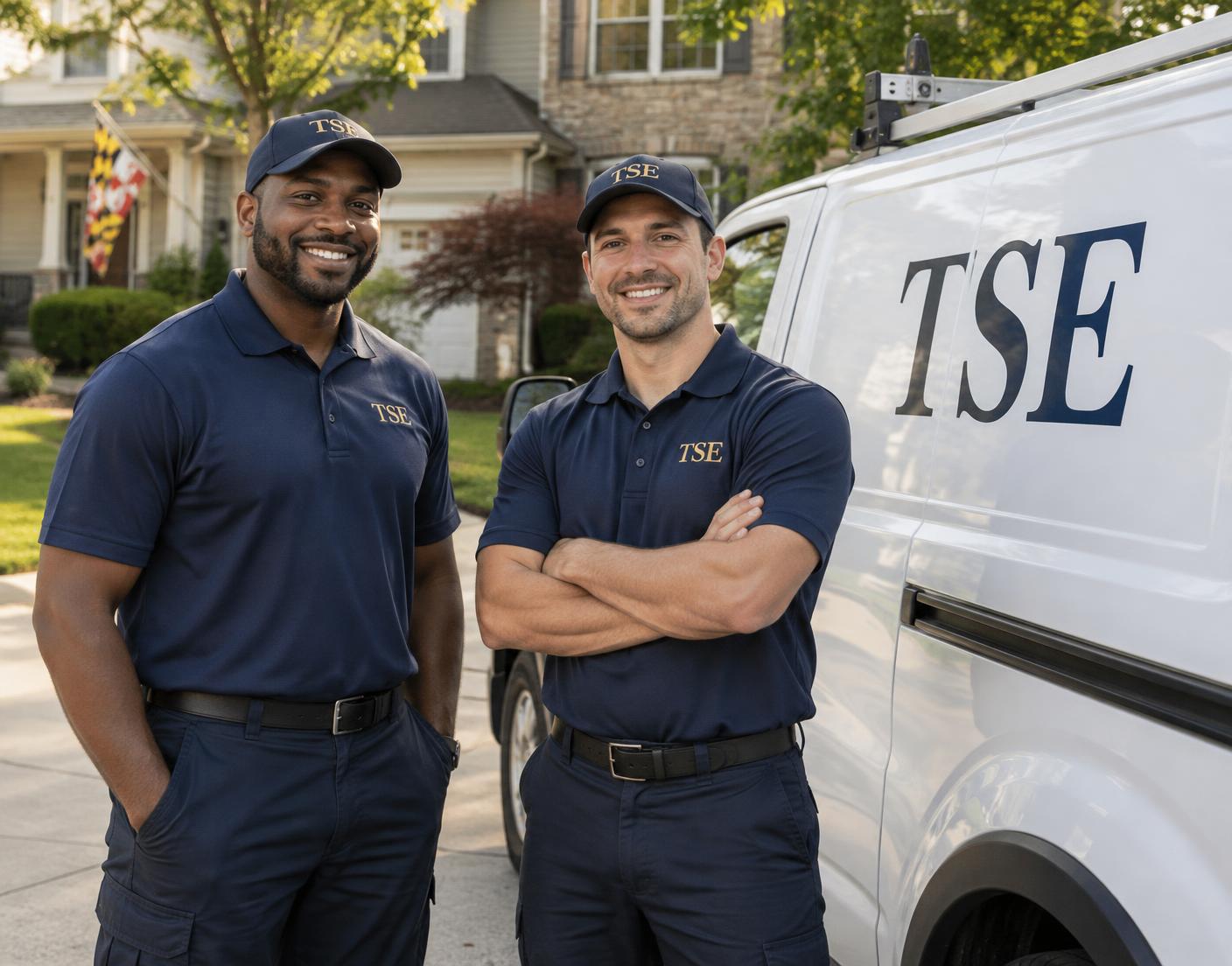Generated portrait of two TSE-uniformed technicians beside a branded service van